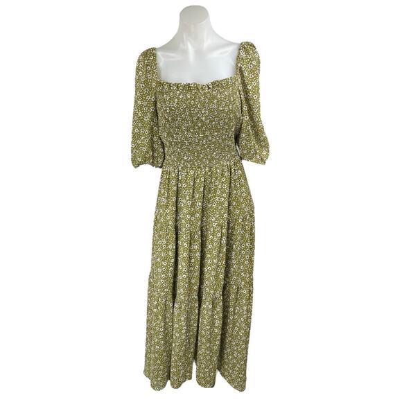 Ann Taylor Green Floral Short Sleeve Smocked Ruffle Tiered Maxi A-Line Dress 8 - Picture 1 of 5